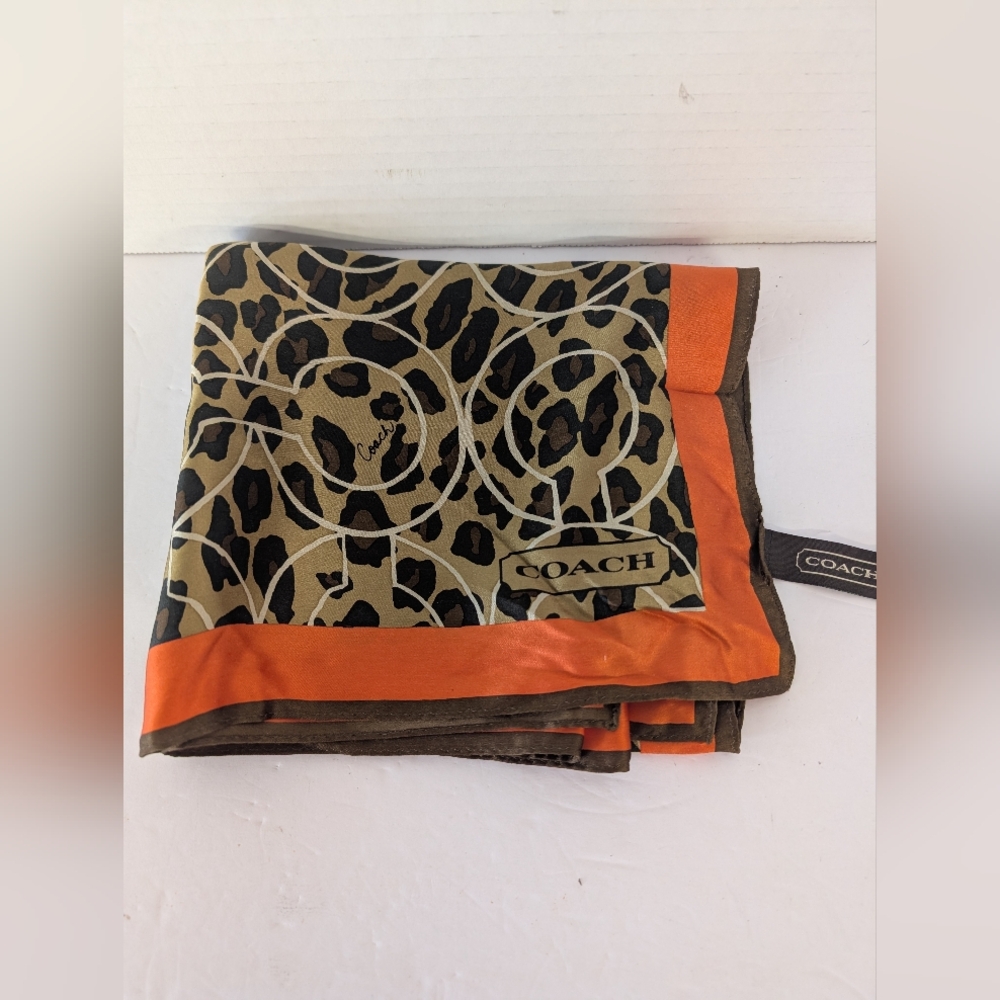 Coach Animal Print Logo Silk Scarf with Orange Border Retired